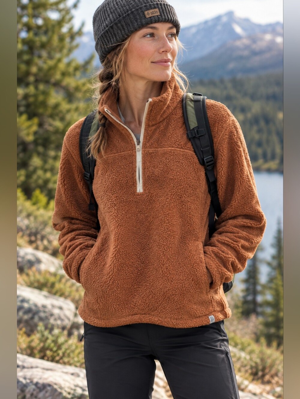 Stio Women's Rust Brown Sherpa Half-Zip Pullover